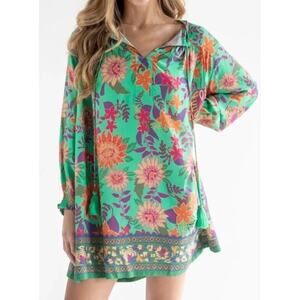 Natural Life Dara V-Neck Mini Dress Green Floral Boho Peasant Tassel Size Medium